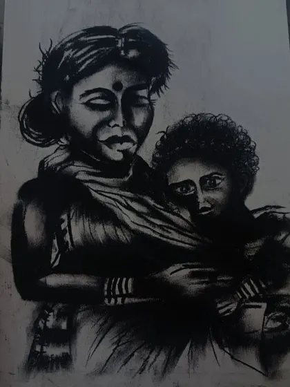 This piece was created using charcoal, a medium I use to create powerful, high-contrast images. It's perfect for emotional portraits and capturing deep shadows and light.