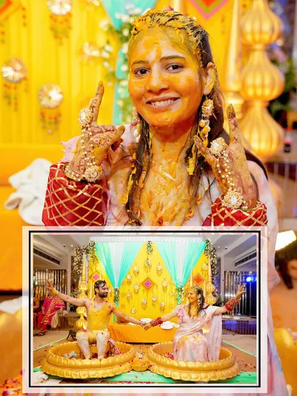 A fun shot of the bride after being covered in haldi, her smile shining through the yellow paste.