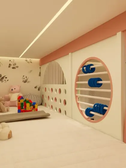 The upper bunk bed includes a playful abacus and circular cutouts, making it a fun and interactive space for the kids.