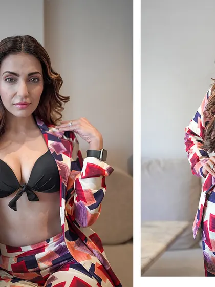 A two-panel shot showing the versatility of the look. The makeup is both soft and strong, suitable for a variety of commercial concepts.