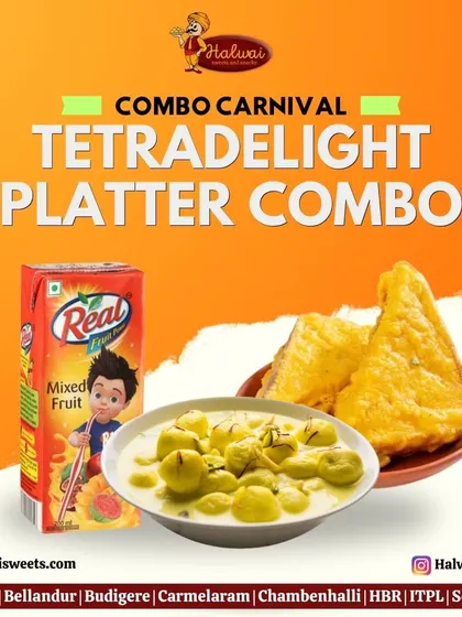 My Tetradelight Platter Combo is part of our Combo Carnival, featuring Angoori Rasmalai and Paneer Dhokla Sandwich with a juice box.