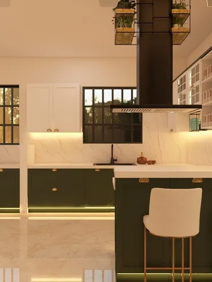 A modern kitchen featuring an island that doubles as a breakfast bar, complete with stylish white stools. The overhead chimney includes a planter box, adding a touch of greenery and life to the culinary space.