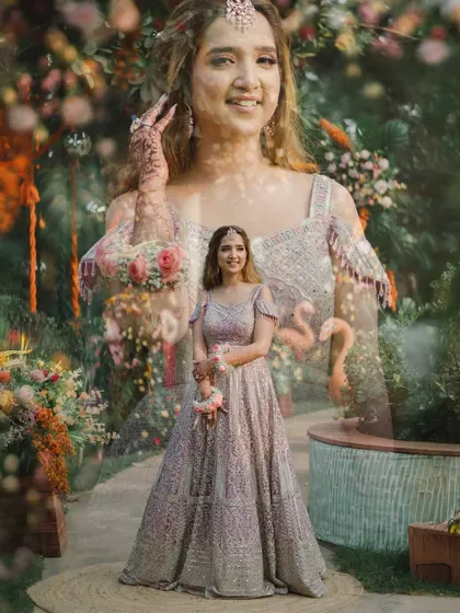 A fairytale-like double-exposure portrait of the bride, Mehak. Her image is blended with the lush garden setting of her Mehendi, creating a whimsical and romantic photo.