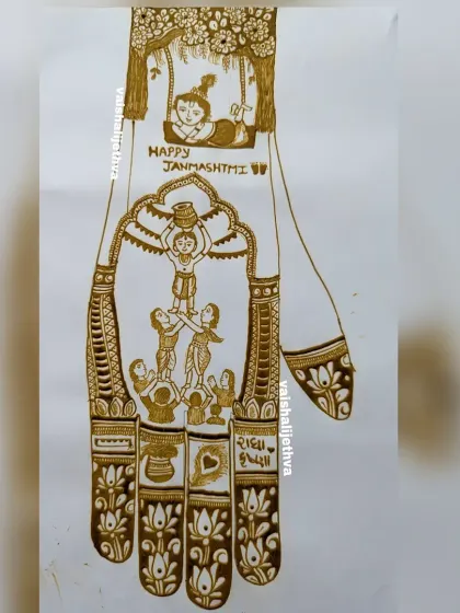 Happy Janmashtami! A design dedicated to the birth of Lord Krishna, showing him as a child and the festive Dahi Handi scene.