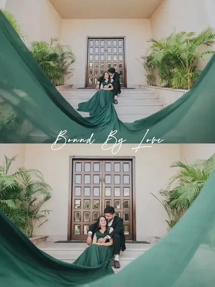 A creative shot using the bride's flowing green gown to frame the couple, with a "Bound By Love" text overlay.