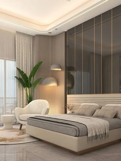 In this bedroom concept, we used a combination of vertical wood slats, sheer curtains, and reflective smoked glass wardrobes. This interplay of materials and light maximizes the sense of space while maintaining a warm, inviting feel.