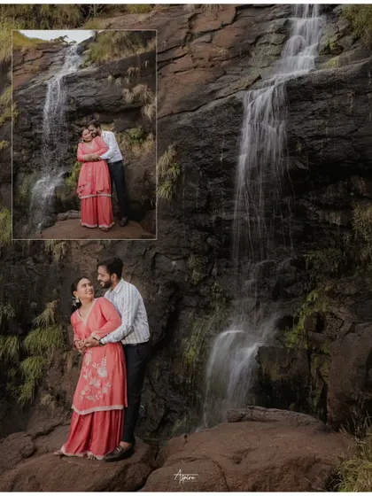A collage showing both a close-up and a wider shot of Prem and Jinal by the waterfall. This demonstrates how we capture both the intimate emotion and the grand scale of a location.