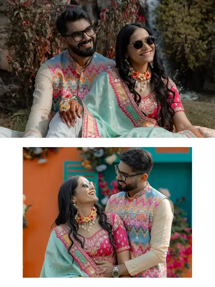A collage of the couple in their colorful Mehendi outfits, capturing both posed portraits and candid, loving glances.
