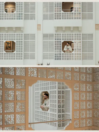 A creative diptych of the groom looking out from latticed windows, creating an architectural portrait.