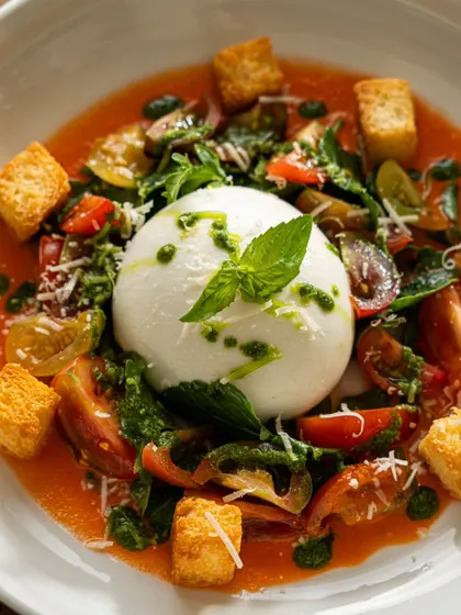 A vibrant burrata salad with heirloom tomatoes and croutons. The close-up angle and bright lighting emphasize the freshness of the ingredients.