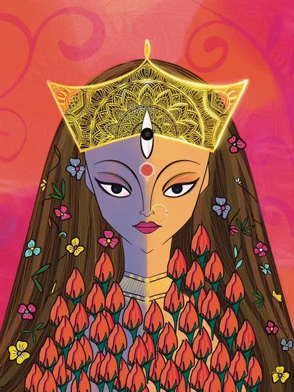 A digital portrait of Goddess Durga, her face split to show her dual nature: one side serene, the other fierce.