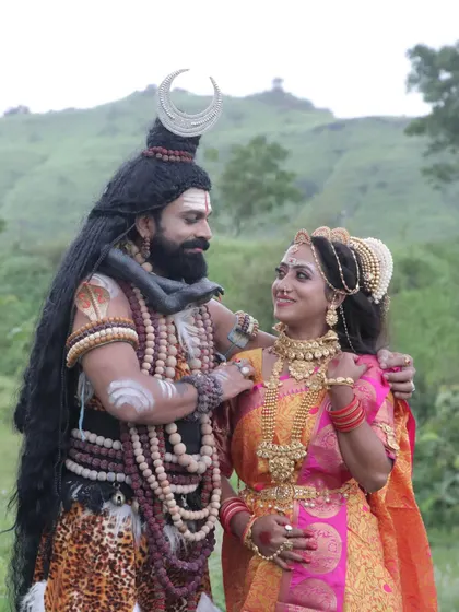 Bringing mythology to life with this depiction of Shiva and Parvati. This creative project involved detailed character makeup, from the ash and tripundra on Shiva to the divine glow of Parvati, capturing the essence of their eternal love story.