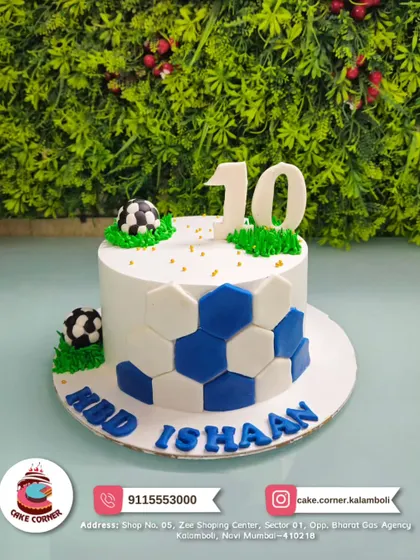 A stylish football cake for Ishaan's 10th birthday. The blue and white hexagonal pattern gives it a modern and cool look.
