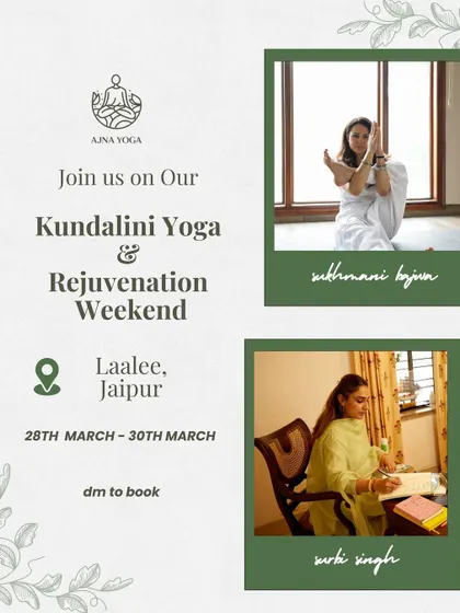A poster for our Jaipur weekend retreat, featuring photos of the facilitators. These retreats often involve collaborations to provide a well-rounded wellness experience.