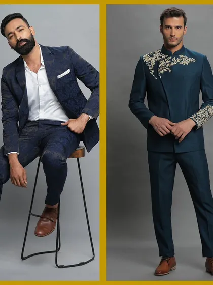 A blue jacquard suit and a blue embroidered Jodhpuri. Two ways to wear blue with texture and style.