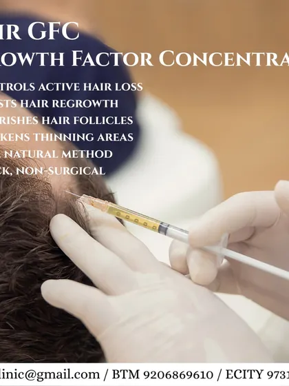 This graphic details our Growth Factor Concentrate (GFC) therapy, a highly effective non-surgical option. GFC controls active hair loss, boosts regrowth, nourishes follicles, and thickens thinning areas using a concentrated dose of your body's own growth factors.