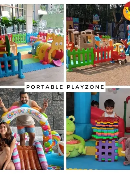 A four-quadrant collage showing various portable playzone setups and happy clients, including Rohit Sharma and his wife. It’s a great mix of product shots and social proof.