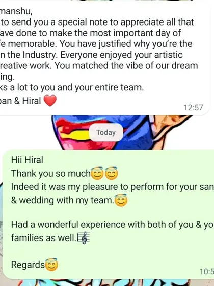 Nothing means more to me than a happy client. This message from Darpan and Hiral after their wedding events is why I do what I do. Knowing that we matched the vibe of their dream wedding and made it memorable is the greatest review we can receive.