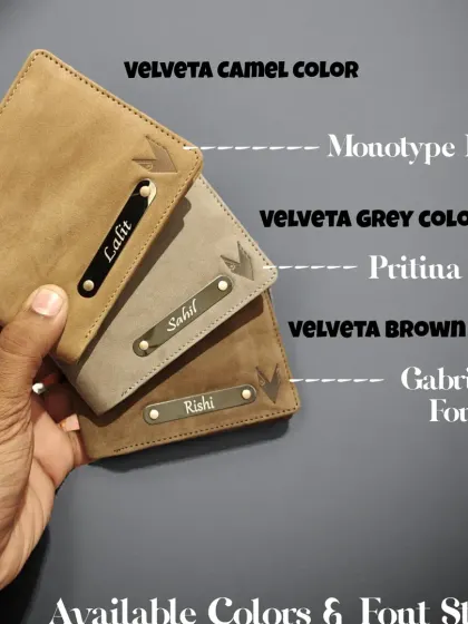 Here you can see the different font styles and faux leather colors available for my wallets. I offer Monotype, Pritina, and Gabriola fonts to match your preference.