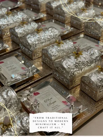 I believe a wedding invitation should be a keepsake. Here is a bulk order of our luxury brass invitations with a silver micron coating, each set on an elegant tray with a small chest. This is how you announce your special day with unparalleled grace.