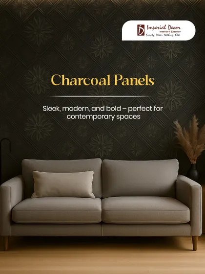 This living room features our sleek, modern, and bold charcoal panels. The dark, textured pattern creates a dramatic backdrop that is perfect for contemporary spaces that need a touch of elegance.