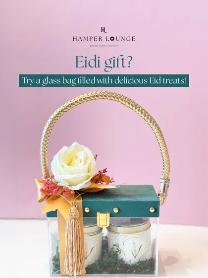 A full view of the elegant glass bag for Eid, filled with delicious treats. It's a modern and sophisticated way to present an Eidi gift.