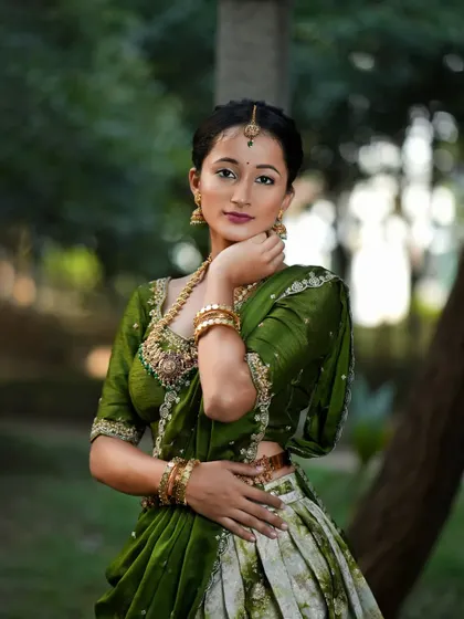 This client's custom green half saree perfectly captures the spirit of Navaratri Day 2.
