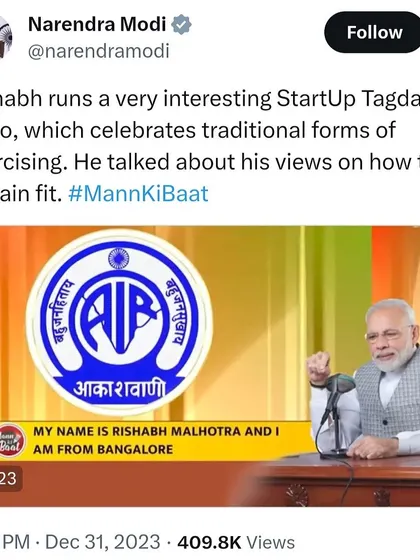 A screenshot of a tweet from the Honourable Prime Minister of India, Narendra Modi, praising Tagda Raho during his 'Mann Ki Baat' address. This ultimate validation fuels our promise to take Indian Physical Culture to the global stage.