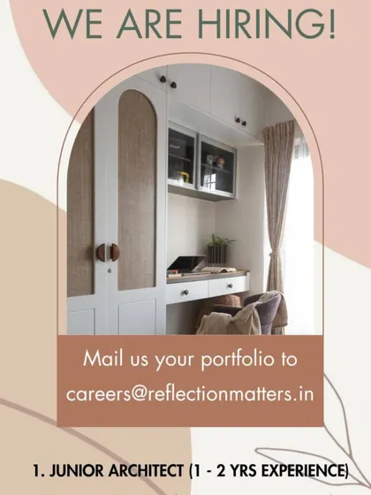 This ad for Reflection Matters in Chennai is for a Junior Architect with 1-2 years of experience, presented with a soft, aesthetic design.