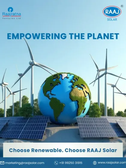We are empowering the planet by offering renewable energy choices. This image, combining solar panels and wind turbines with the Earth, represents our commitment to a sustainable energy mix for a healthier world.