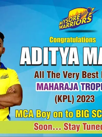 The official announcement graphic celebrating Aditya Mani's selection for the Maharaja Trophy KPL 2023, marking a proud moment for the academy.