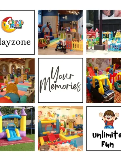 This nine-grid collage promises "unlimited fun" and "your memories." It features a mix of bouncy castles, ride-on cars, and various indoor setups, highlighting the lasting memories I help create.