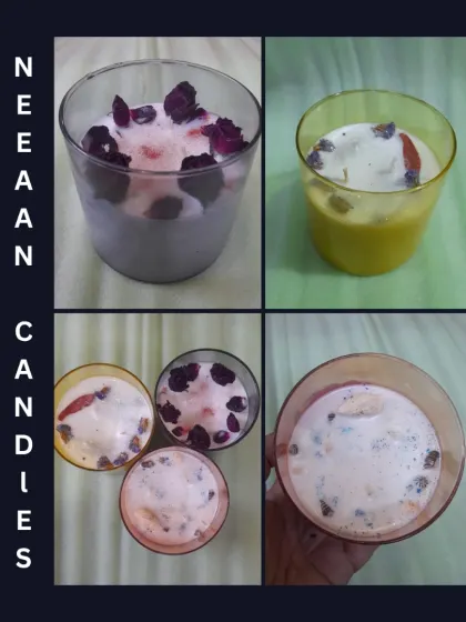 A collage of my handcrafted jar candles. Each piece is a little world of fragrance, flowers, and sparkles, made to light up your personal vibe.