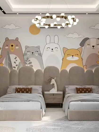 A charming shared bedroom with a large animal mural behind the beds, creating a playful and comforting atmosphere.