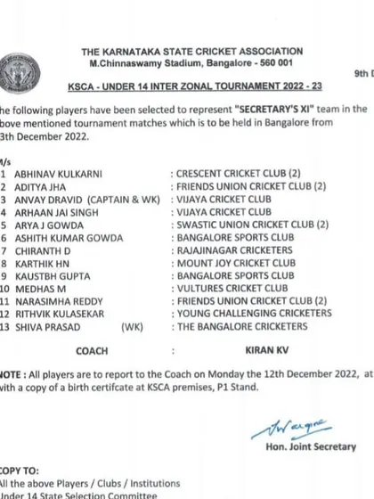 Proof of progress. This official document from the Karnataka State Cricket Association lists our players selected for the U-14 Inter Zonal Tournament Secretary's XI team.
