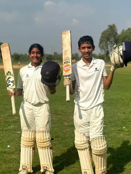 The Century Twins. Our U-14 players Uma Kashvi and Manan Goel celebrate scoring centuries in the same match. Their partnership is a testament to the talent and teamwork we foster at the academy.