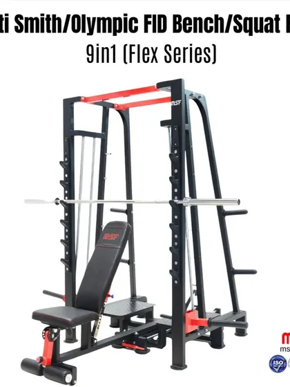 The 9-in-1 station configured for a bench press, showcasing the integrated Smith machine bar.
