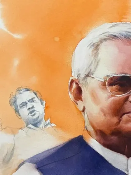 A close up of the portrait of Atal Bihari Vajpayee, showing him in a moment of speech. I wanted to capture his powerful yet thoughtful presence.