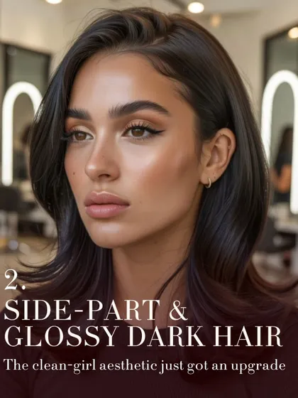 The clean-girl aesthetic gets an upgrade with this side-part and glossy dark hair look. A simple, solid, high-shine color can be incredibly impactful, creating a polished and sophisticated style.