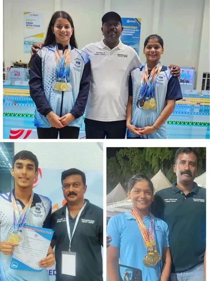 Our champion swimmers with their proud coaches.