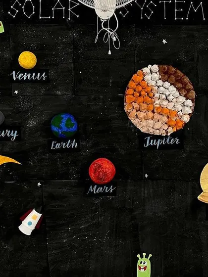 An out-of-this-world invitation to play. This detailed solar system, made from various materials, kicks off our theme on space, sparking curiosity about the planets, stars, and the vast universe.