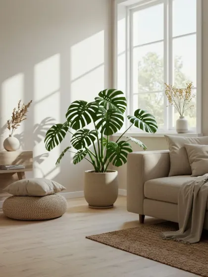 We provide only the highest quality plants, like this flawless Monstera Deliciosa. Its large, dramatic leaves bring a touch of the tropics and sophisticated style to this sunlit, minimalist interior.