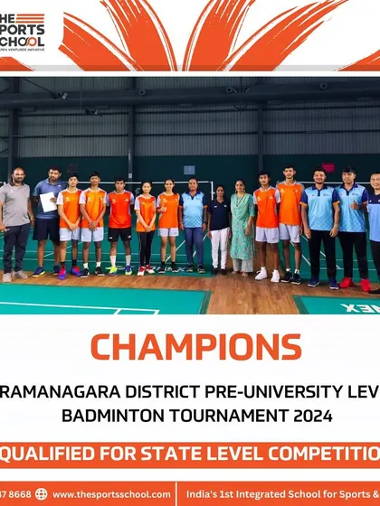 Our badminton team celebrates their championship win at the Ramanagara District Pre-University level, qualifying them for the state competition.