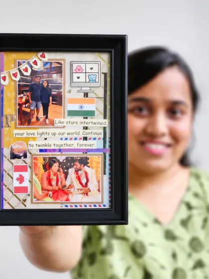 A custom-made decorative photo frame is a great way to add a personal touch to your memories. This one tells a long-distance love story, with flags of India and Canada.