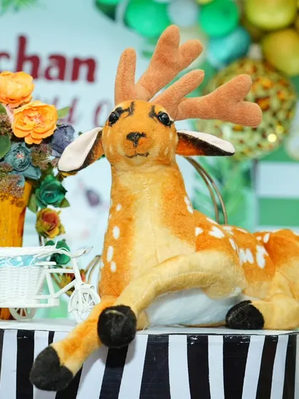 Even the smallest props add to the magic. This plush deer sits atop a zebra-print pedestal, part of the detailed animal decorations for Lochan's first birthday party.
