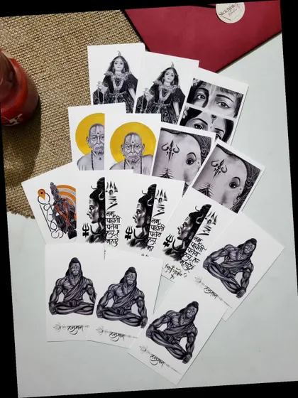 An assortment of my spiritual art postcards, featuring deities like Mahadev, Hanuman, Swami Samarth, and Radha Rani. Each one is a miniature piece of art.
