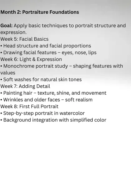 An overview of Month 2: Portraiture Foundations. Here, we apply our basic skills to understanding facial structure and creating expressive portraits.