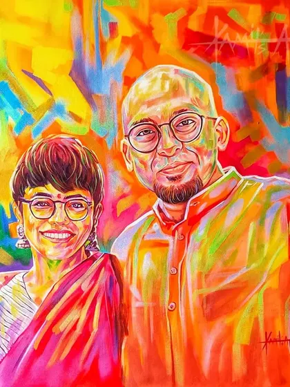 This vibrant acrylic painting was commissioned as a gift for a couple in Kerala, capturing their connection with a modern and colorful flair.