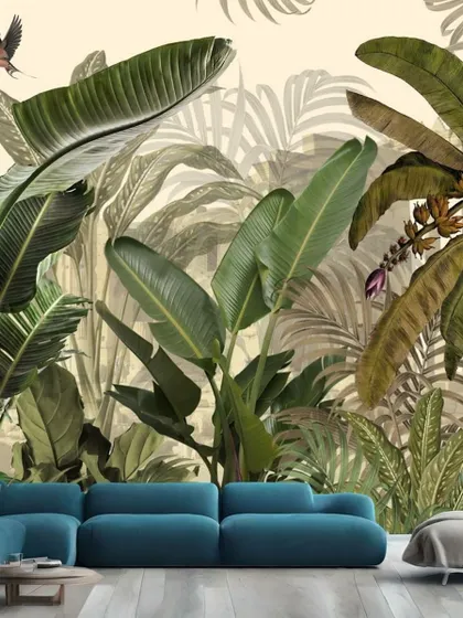 A lush and vibrant tropical leaf wallpaper that creates a jungle-like oasis in this living room. The design is rich in detail and color.