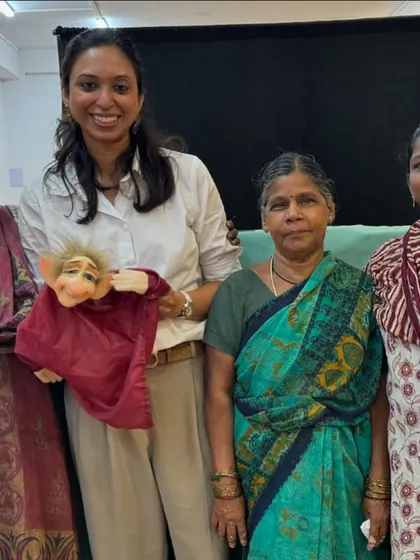 Posing with my puppet and the wonderful, supportive staff at a Montessori school in Chennai. My goal is to create shows that engage a wide range of ages, from toddlers to adults, all in the same room.